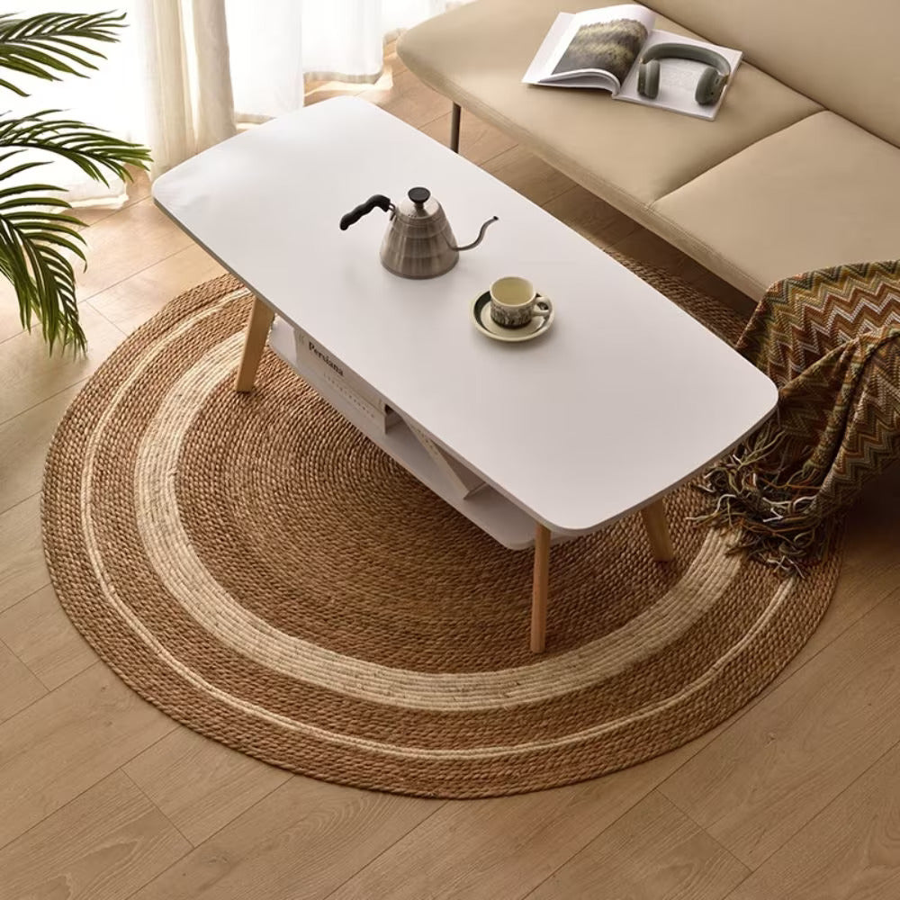 Natural Jute Handmade Round Rug Perfect For Living Room 100 x 100cm Beige & White