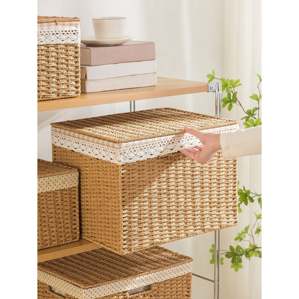 Rattan Storage Basket Box with Cotton Storage Basket  Liner Set Of 3