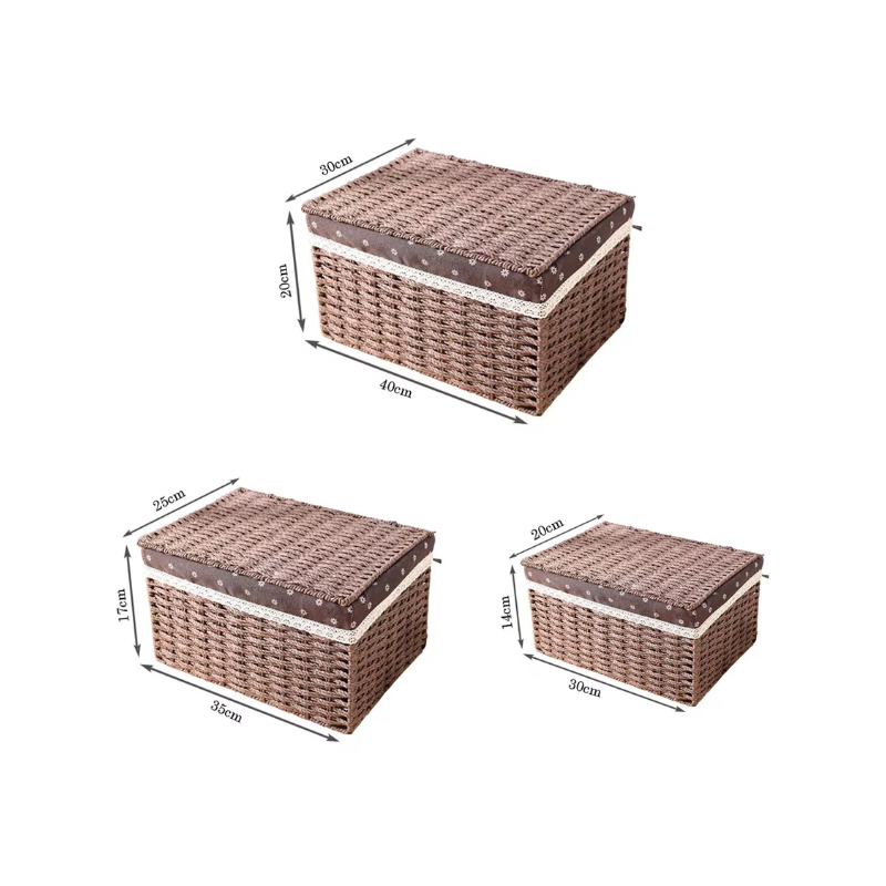 Rattan Wicker Storage Baskets with Lid Storage Basket Brown Set of 3
