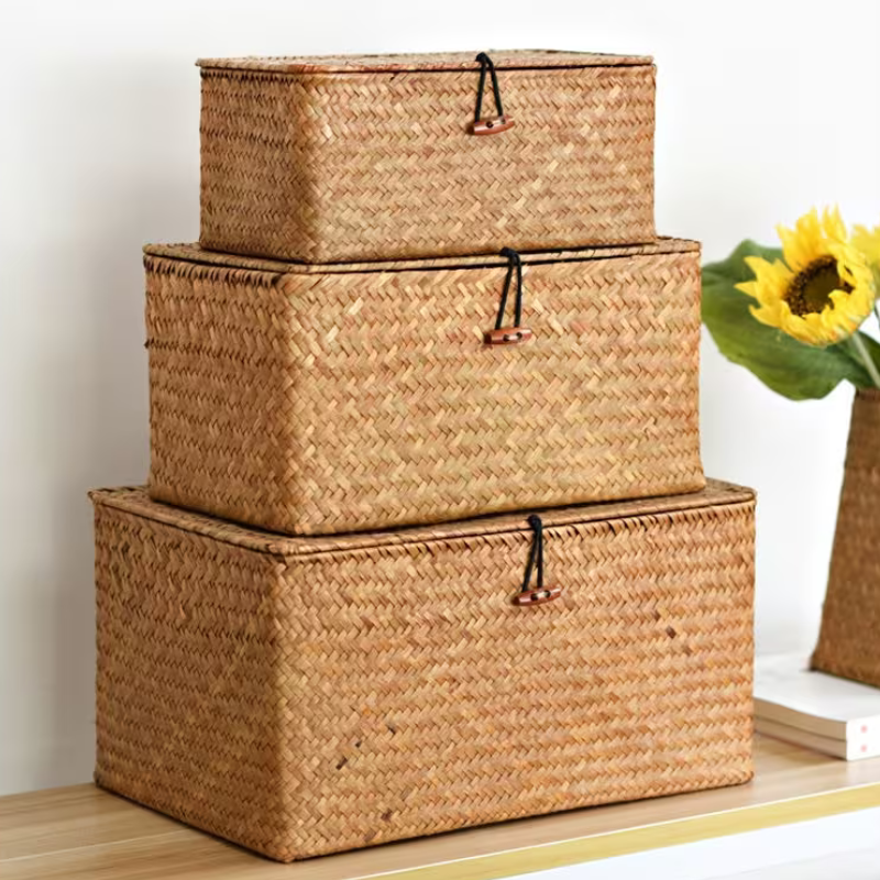 Hand Woven Wicker Rattan Storage Boxes Brown - Set of 3 Pc