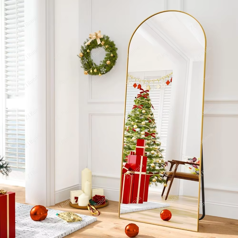 Arched Full Length Mirror Wall Hanging Mirror Aluminum Alloy Frame Gold Standing Mirror