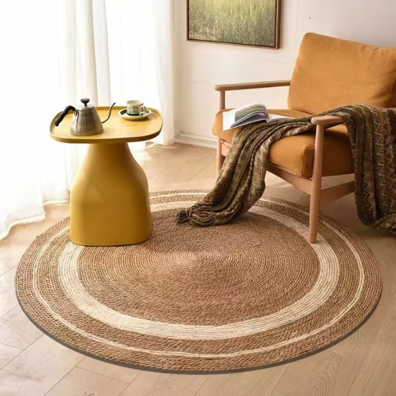 Natural Jute Handmade Round Rug Perfect For Living Room 100 x 100cm Beige & White