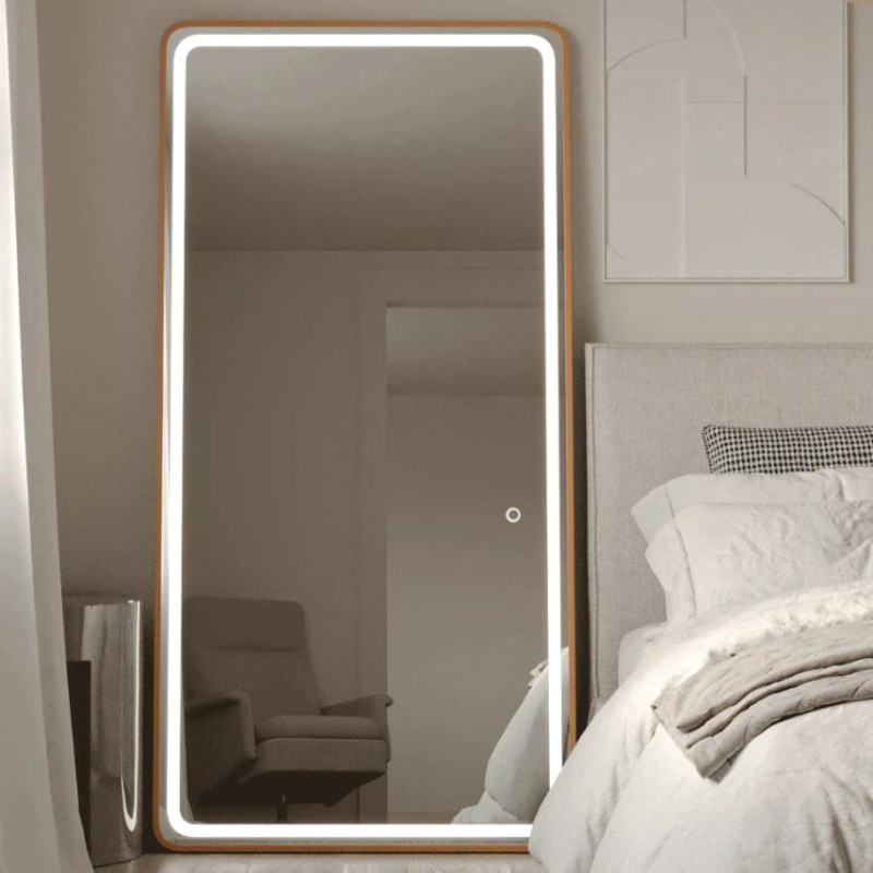 Gold Frame Mirror LED Rectangle Mirror with Rounded Corners