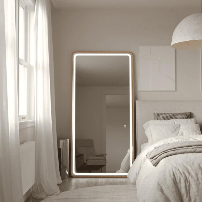 Gold Frame Mirror LED Rectangle Mirror with Rounded Corners