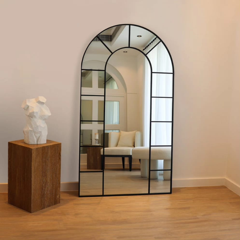 Window Arched Full Lenth Metal Frame Mirror Black