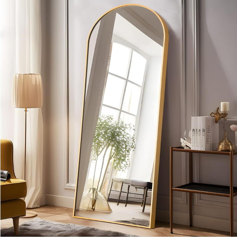 Arched Full Length Mirror Wall Mounted Mirror Aluminum Alloy Frame Gold