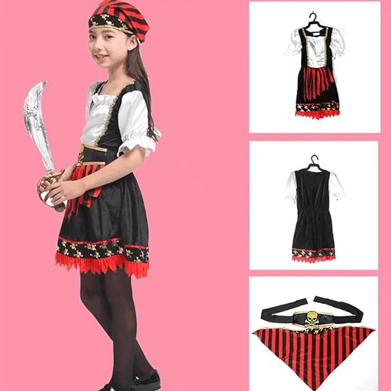 Baby Girls Pirate Costume Toddler Girls Pirate Costume Baby Halloween Costumes Short Sleeve Dress+Scarf+Belt 3pcs set (5-7 years) - Al Ghani Stores