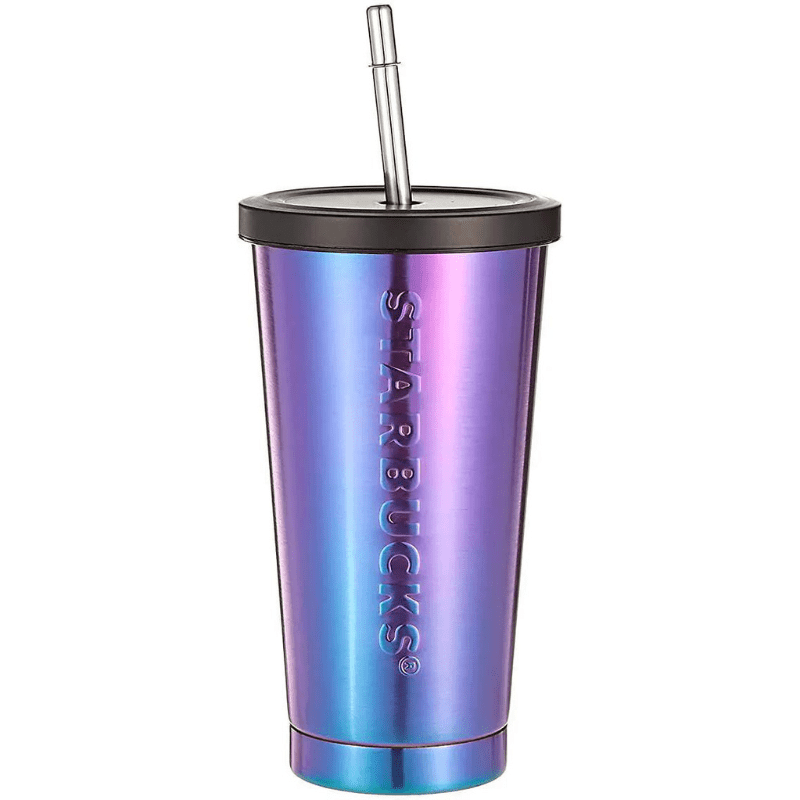 Chrome Thermos Flask Cup with Lid and Straw, 473ml, Pink & Blue - Al Ghani Stores