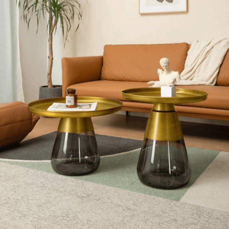 DOWANO COFFEE TABLE SET SMOKY GLASS WITH GOLD METAL TOP - Al Ghani Stores