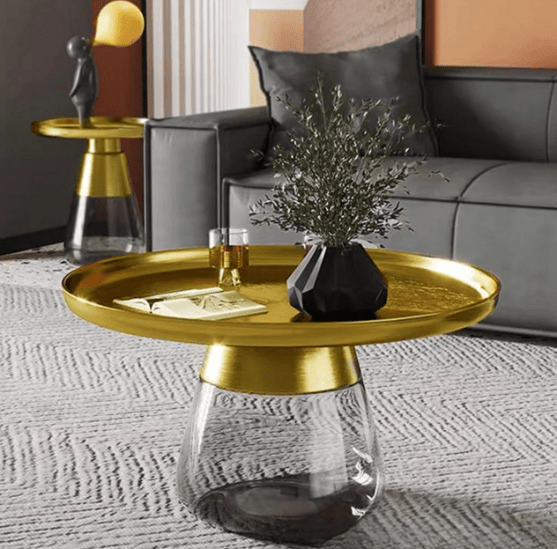 DOWANO COFFEE TABLE SET SMOKY GLASS WITH GOLD METAL TOP - Al Ghani Stores