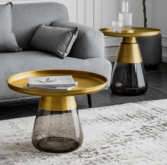 DOWANO COFFEE TABLE SET SMOKY GLASS WITH GOLD METAL TOP - Al Ghani Stores