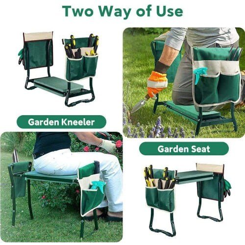 Folding Gardening Stool with 2 Large Tool Pouch, Green - Al Ghani Stores