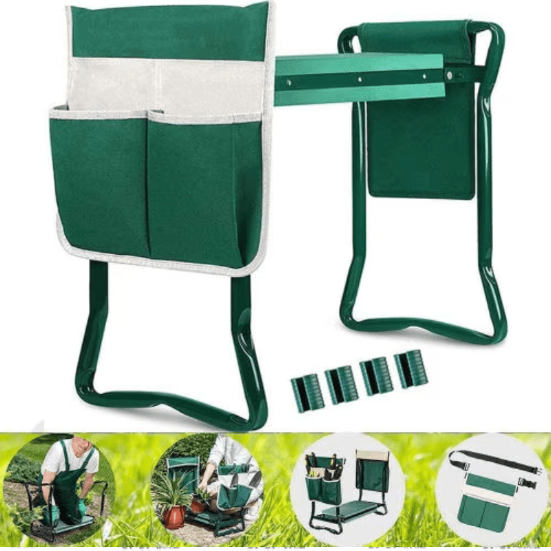 Folding Gardening Stool with 2 Large Tool Pouch, Green - Al Ghani Stores