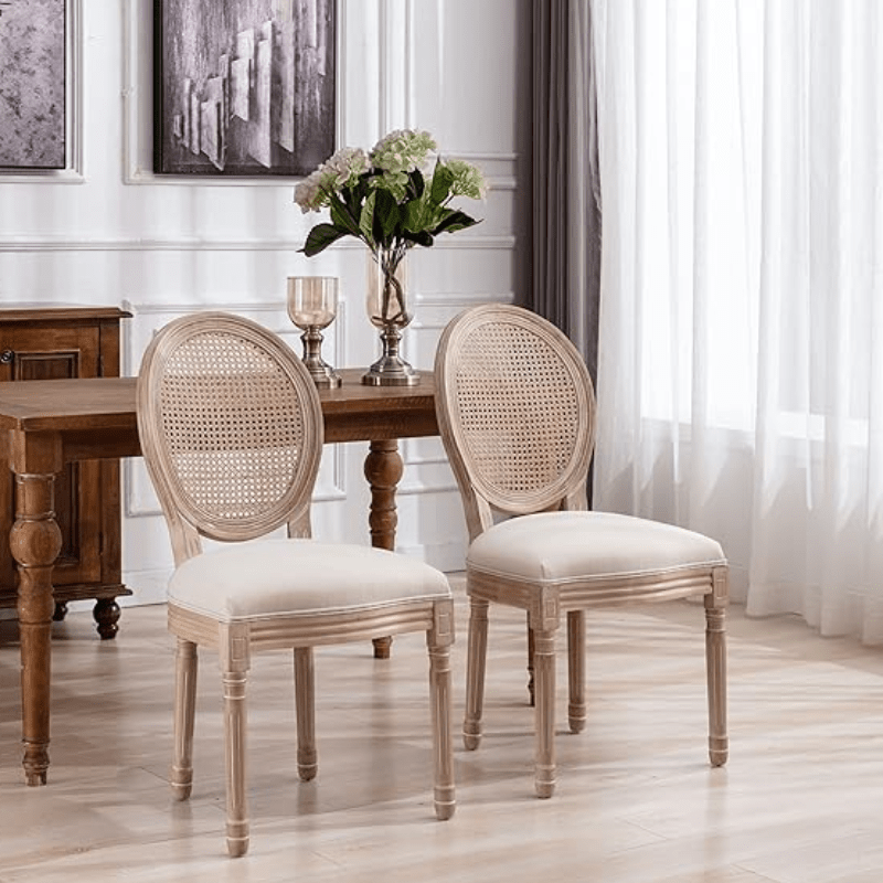 French Rattan Accent Chairs Fabric Dining Chairs for Living Room Bedroom - Al Ghani Stores