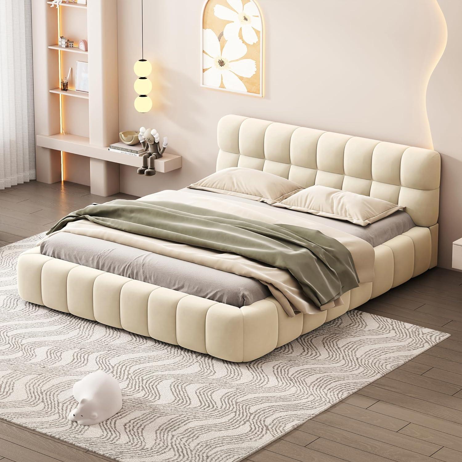 Italian Cloud Style Luxury Fabric Bed with Medical Mattress Queen Size - Beige - Al Ghani Stores