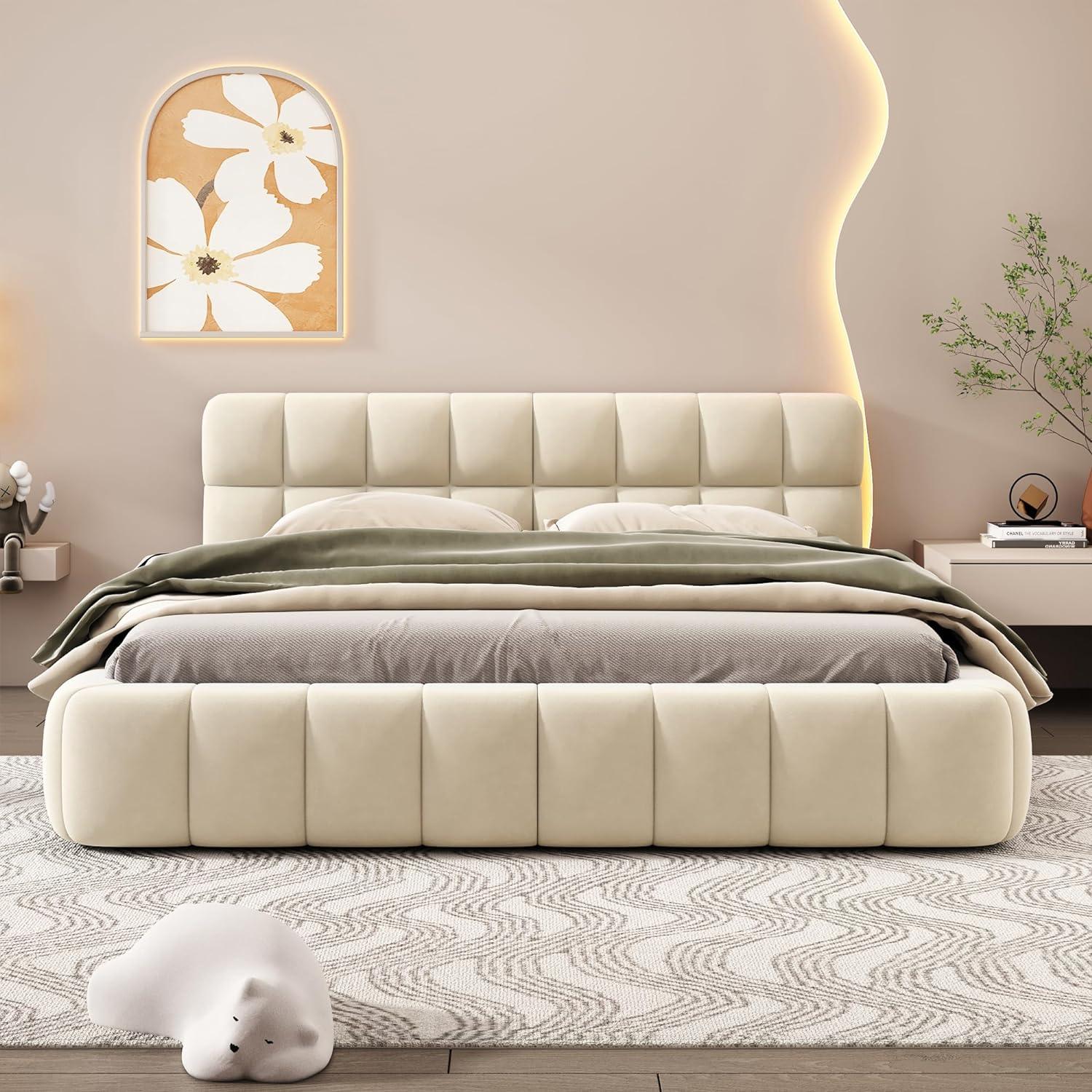 Italian Cloud Style Luxury Fabric Bed with Medical Mattress Queen Size - Beige - Al Ghani Stores