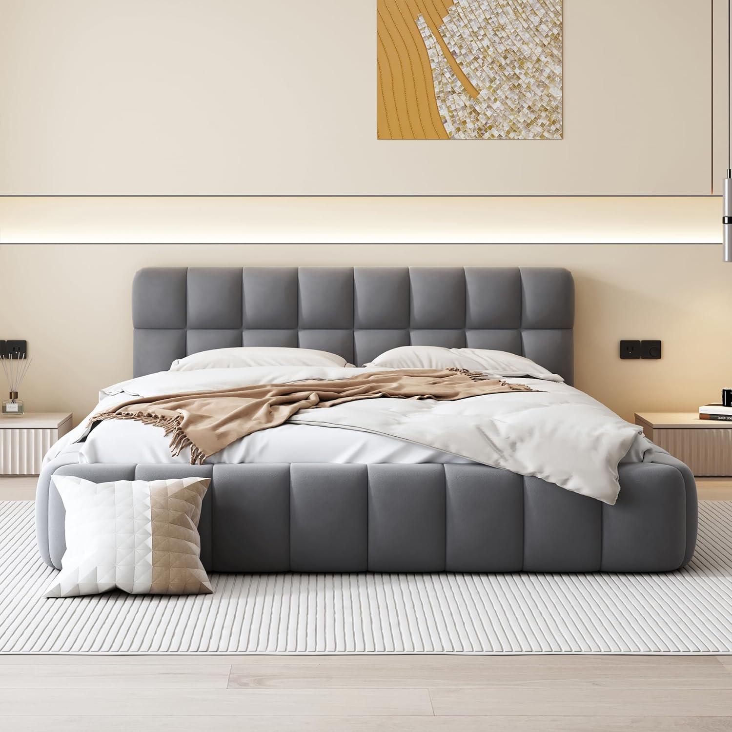 Modern Style Queen Size Upholstered Platform Bed with Thick Fabric Headboard,Grounded Bed with Solid Wood Frame - Gray - Al Ghani Stores