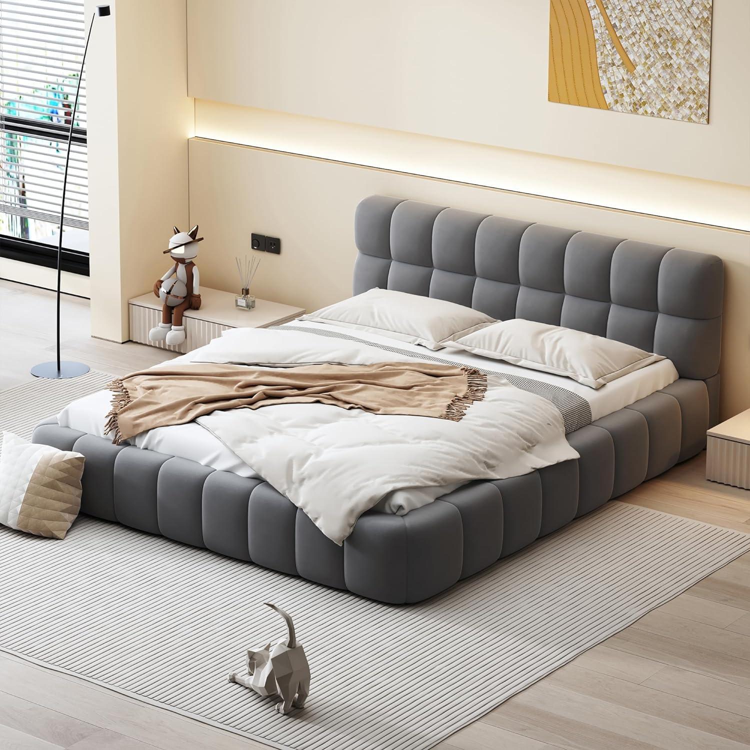 Modern Style Queen Size Upholstered Platform Bed with Thick Fabric Headboard,Grounded Bed with Solid Wood Frame - Gray - Al Ghani Stores