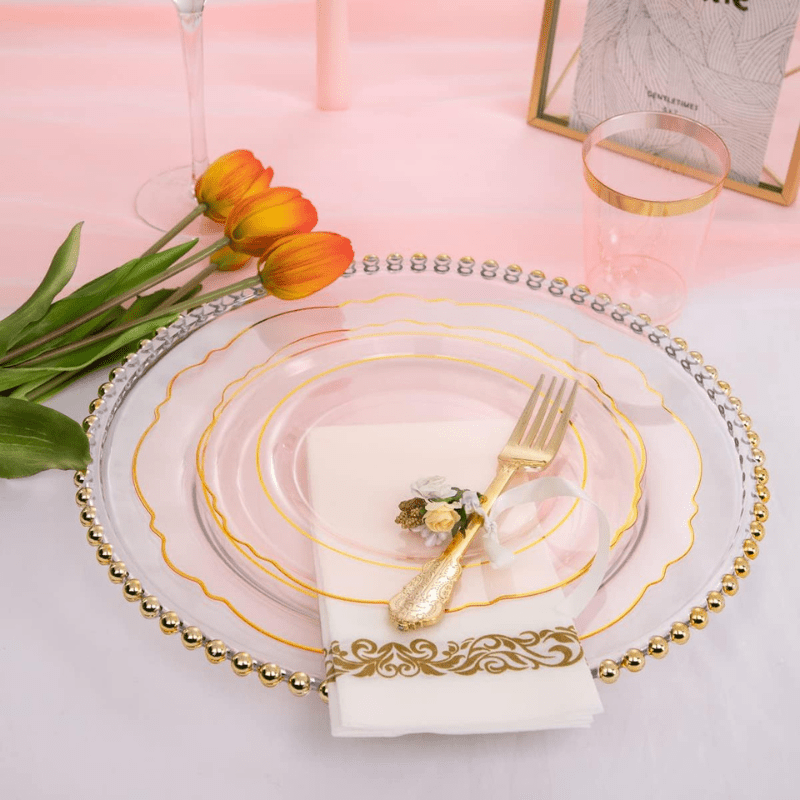 Pink Plastic Plates with Gold Rim & Disposable Gold Plastic Silverware & Pink Cups & Hand Napkins - Al Ghani Stores