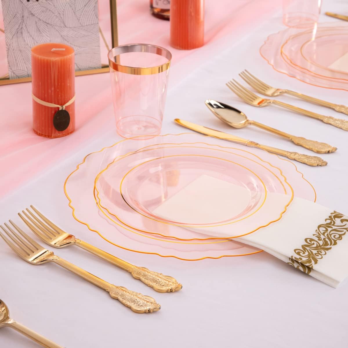 Pink Plastic Plates with Gold Rim & Disposable Gold Plastic Silverware & Pink Cups & Hand Napkins - Al Ghani Stores