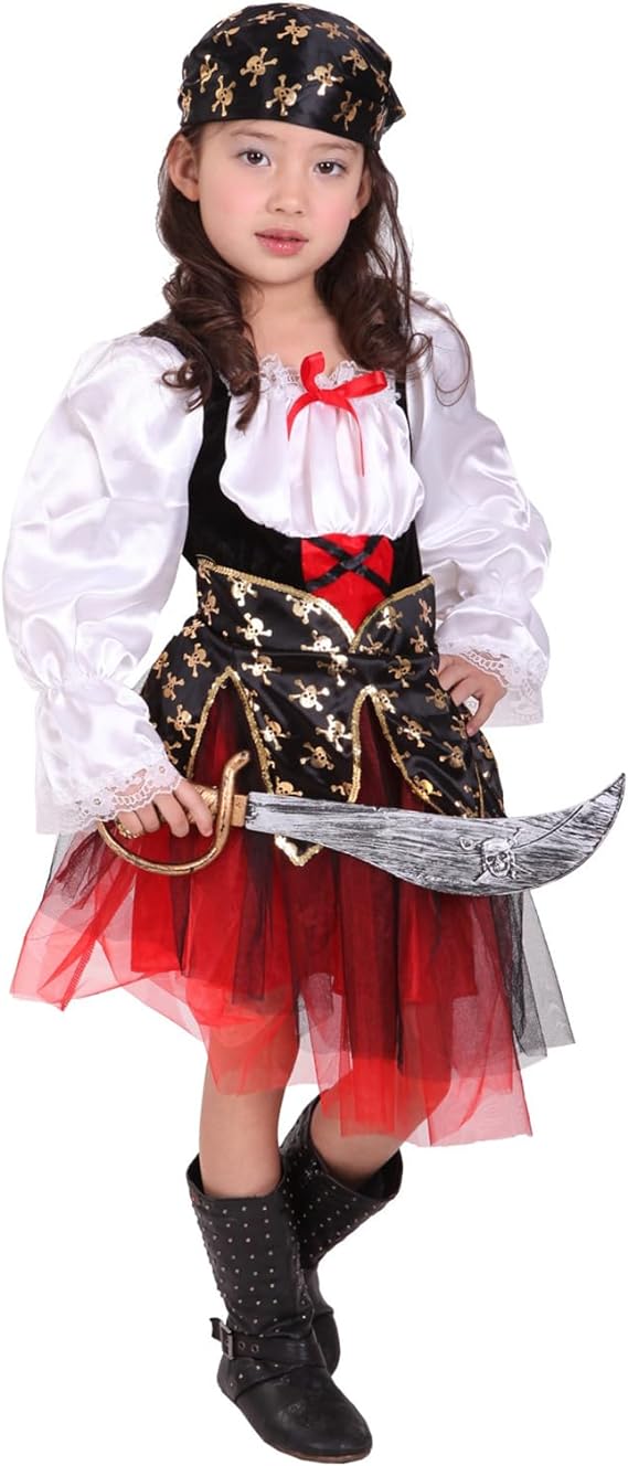 Toddler Pirates Costume Set Girls Long Sleeve Tulle Dress Hat Knife for Halloween Party Cosplay (5-7 years) - Al Ghani Stores